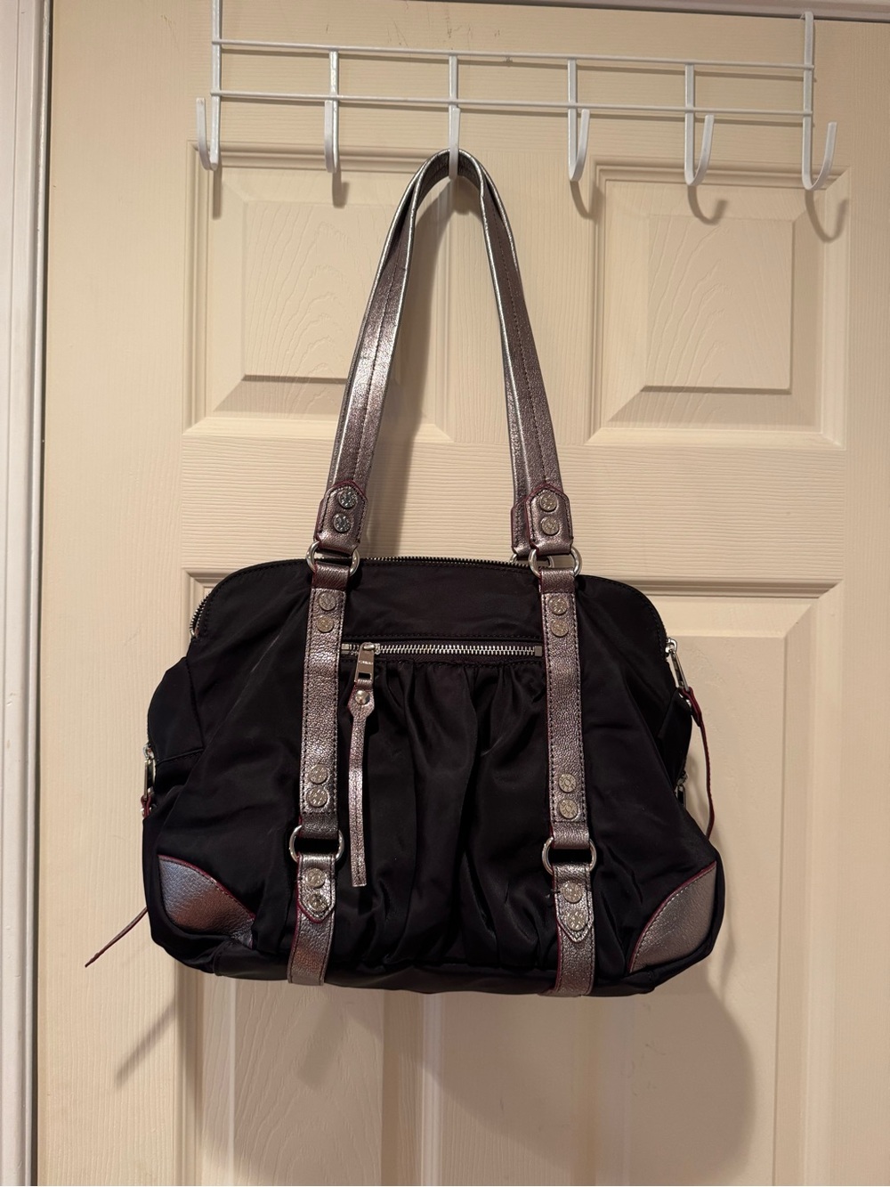 MZ Wallage Black Shoulder Tote with Metallic Silver Straps